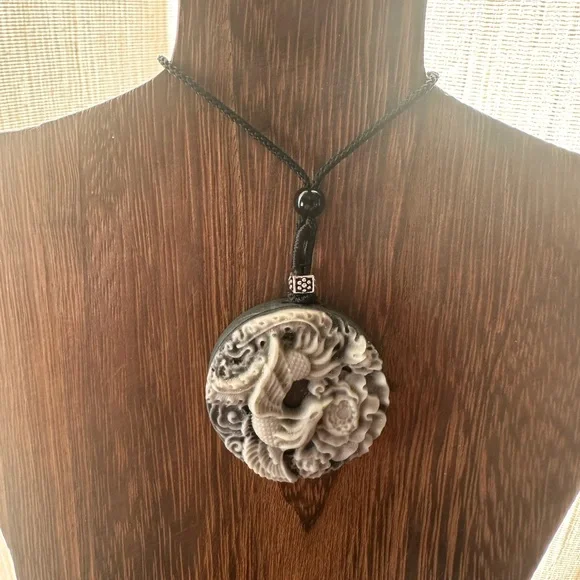 Tai Chi Stone Phoenix an Dragon Pendant Necklace on Black Adjustable Rope - Picture 2 of 13